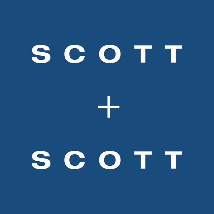 Scott + Scott law firm logo in white text on a blue background.